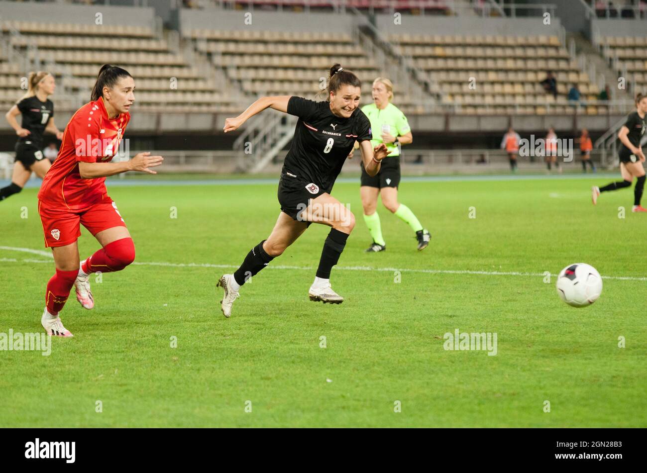 SKOPJE, MAZEDONIEN National Arena 'Todor Proeski' 21. September 2021 18:00 (GMT+2): FIFA Frauen-Weltmeisterschaft 2023 Qualifying Group G Mazedonien - Österreich Stockfoto