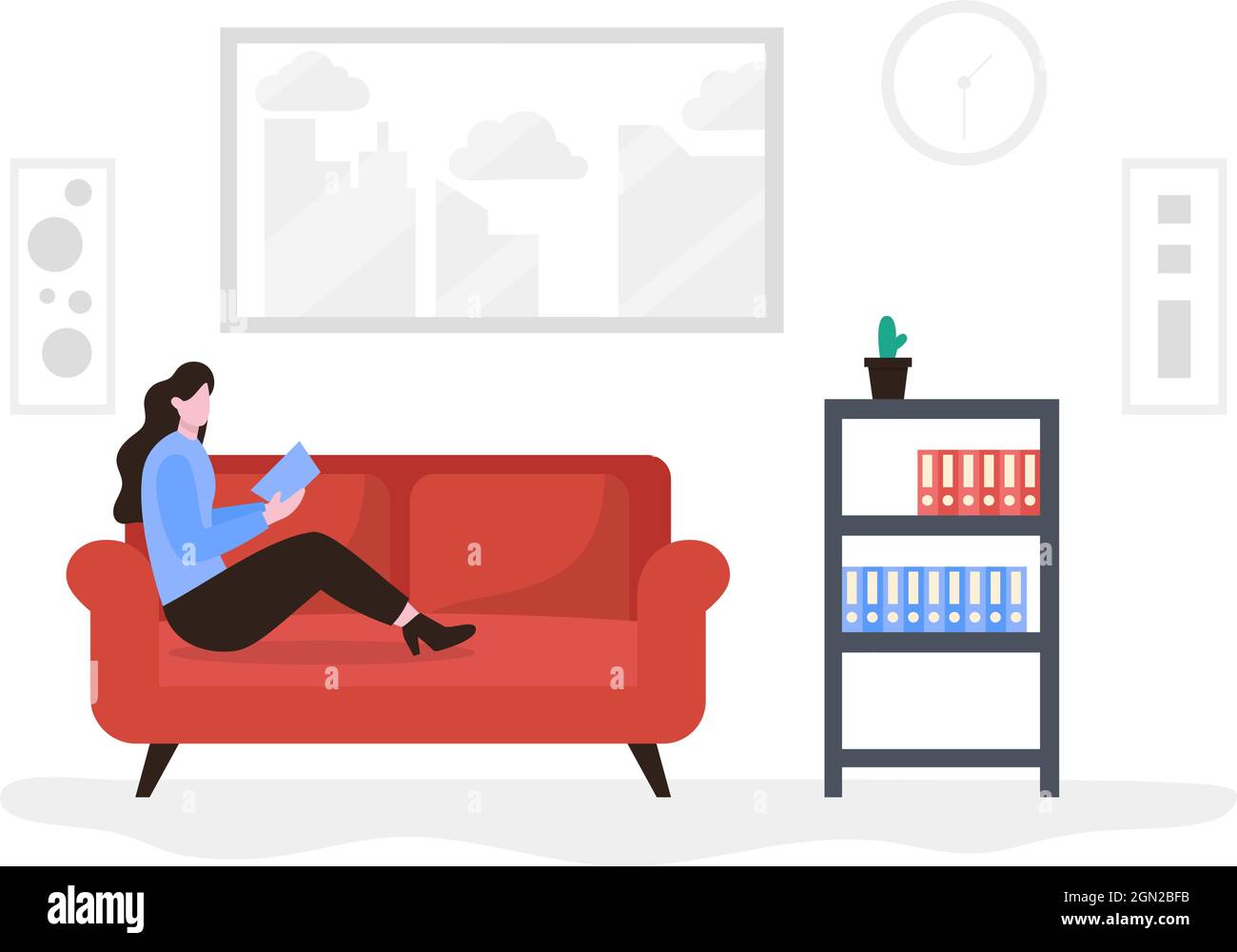 Entspannen Sie sich zu Hause Vektor flache Illustration mit Menschen sitzen auf dem Sofa, Musik hören, Smartphone oder Computer spielen, Tee trinken, Lesen eines Bo Stock Vektor