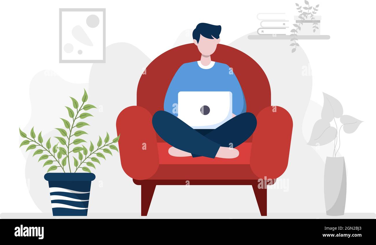 Entspannen Sie sich zu Hause Vektor flache Illustration mit Menschen sitzen auf dem Sofa, Musik hören, Smartphone oder Computer spielen, Tee trinken, Lesen eines Bo Stock Vektor