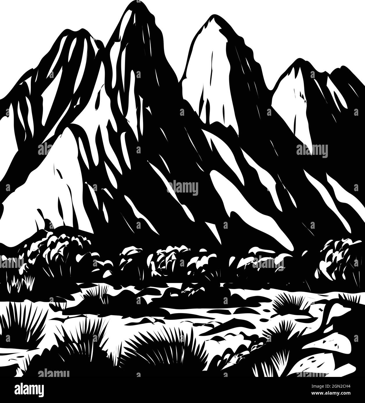 WPA-Poster monochrome Kunst des Organ Mountains-Desert Peaks National Monument in Las Cruces, New Mexico, USA in Works Projektverwaltung schwarz Stock Vektor