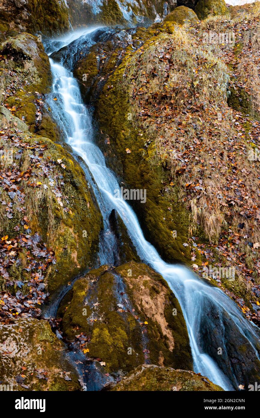 Fließendes Wasser auf den felsigen Wasserfällen mit vielen abgefallenen getrockneten Blättern Stockfoto