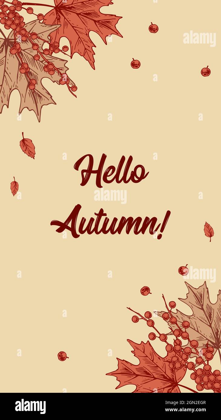 Vertikales farbenfrohes Herbstdesign mit Blättern und Beeren. Handgezeichnete Vektorgrafik. Hallo Herbst Stock Vektor