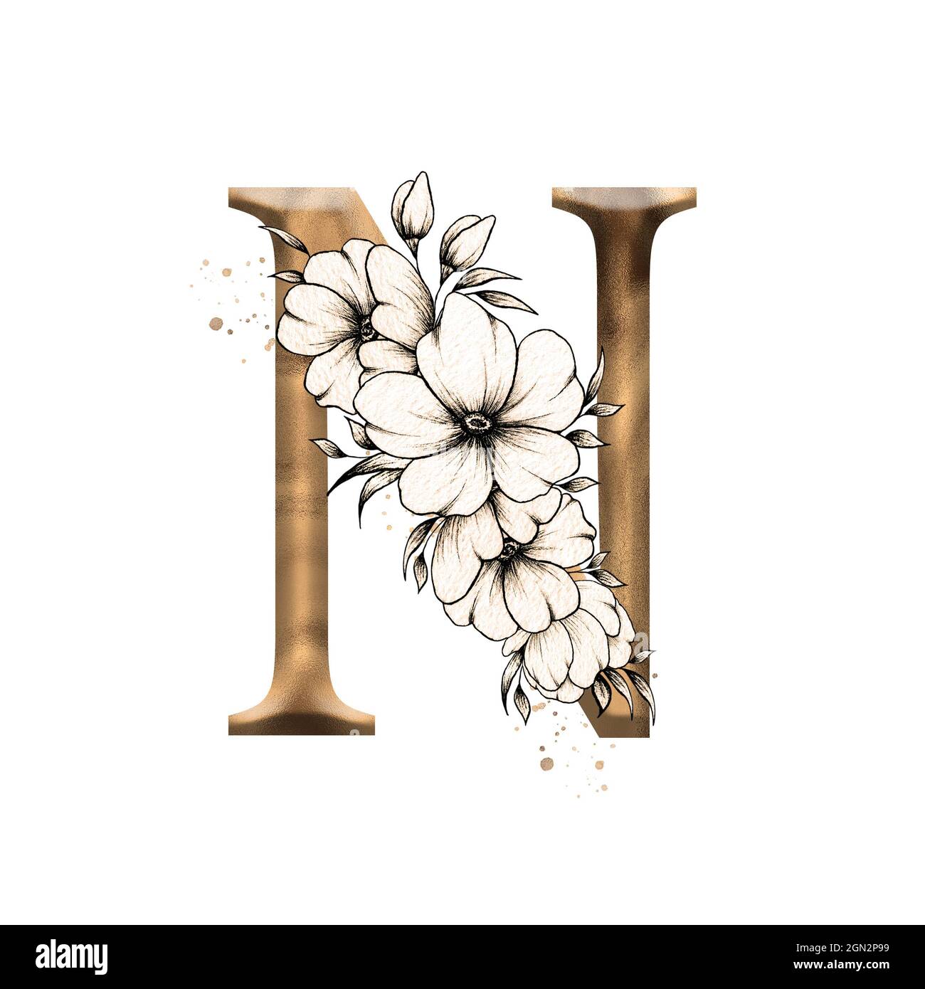 Graphic floral Alphabet, Gold Buchstabe N mit Vintage Blumen Bouquet  Zusammensetzung, einzigartige Monogramm Initial perfekt für  Hochzeitseinladungen, Grüße Stockfotografie - Alamy