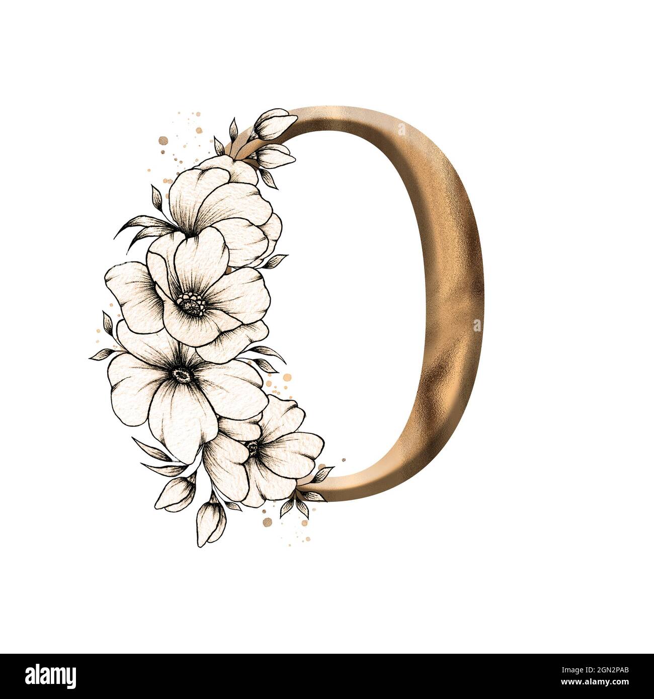 Graphic floral Alphabet, Gold Buchstabe O mit Vintage Blumen Bouquet Zusammensetzung, einzigartige Monogramm Initial perfekt für Hochzeitseinladungen, Grüße Stockfoto