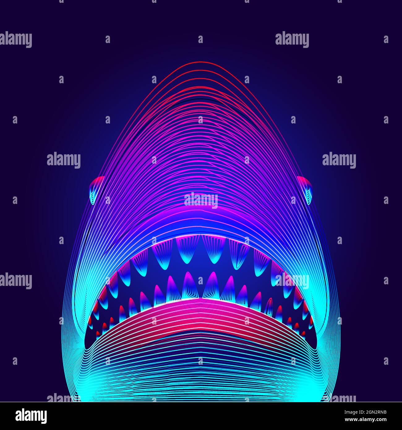 Gefährlicher Haikopf mit geöffnetem Mund und Kiefer. Virtuelles 3D-Hologramm einer großen weißen oder Tiger-Hai-Silhouette im Neon-Line-Art-Stil. Vector digital i Stock Vektor