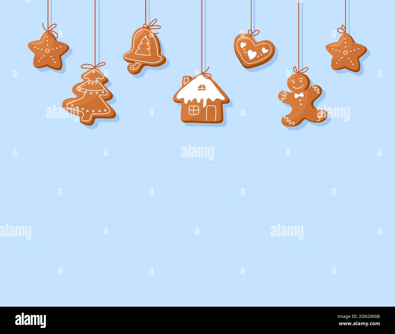 Vektor-Vorlage Banner Weihnachten Lebkuchen. Weihnachtselemente für Winterferien Lebkuchenmann, Lebkuchenhaus und andere Kekse. Stock Vektor