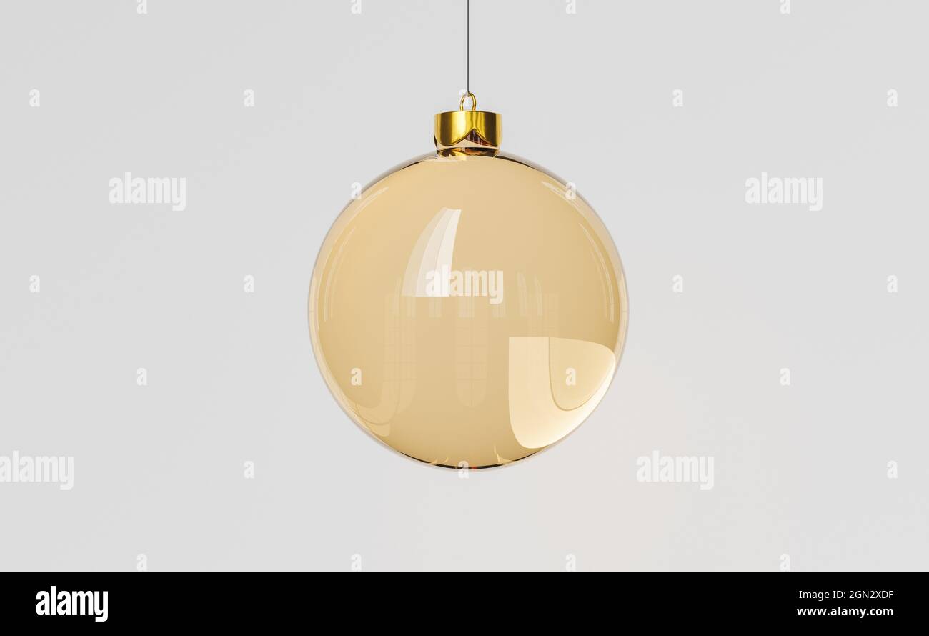 Weihnachtskugel aus goldenem Glas, die an einer Schnur hängt. 3d-Rendering Stockfoto
