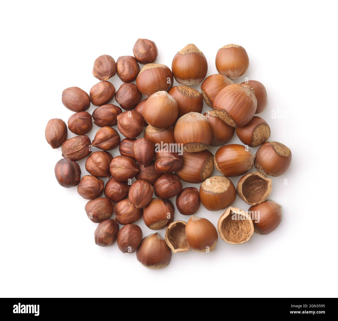 Draufsicht auf ganze und geschälte Haselnüsse isoliert auf weiß Stockfoto