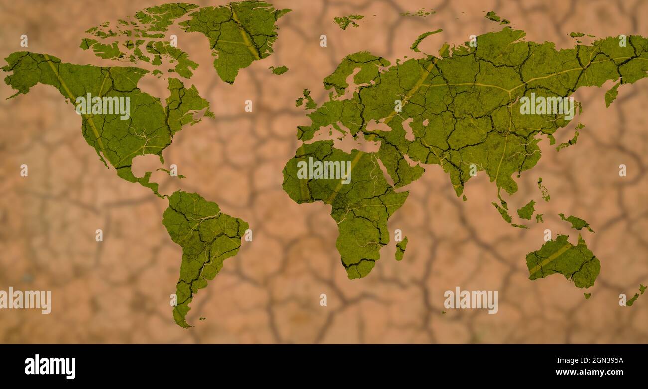 Karte des Planeten Erde mit den Risiken des Klimawandels. Kontinente haben die Textur eines trocknenden Blattes und Ozeane sind wie trockenes Land. Hintergrund aus Stockfoto