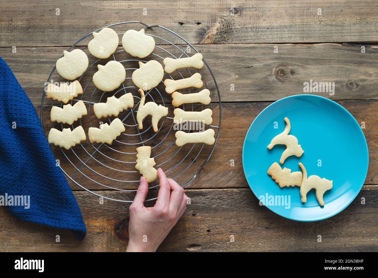 Gebackene Plätzchen für Halloween. Cookies in verschiedenen Formen. Speicherplatz kopieren. Draufsicht. Stockfoto