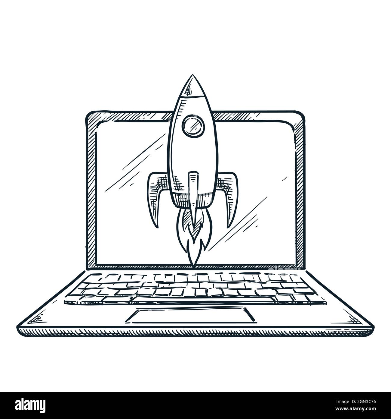 Rakete fliegt aus dem Laptop-Bildschirm. Vektorgrafik mit handgezeichneter Skizze. Business-Projekte Startup-und Innovationstechnologien Konzept Stock Vektor