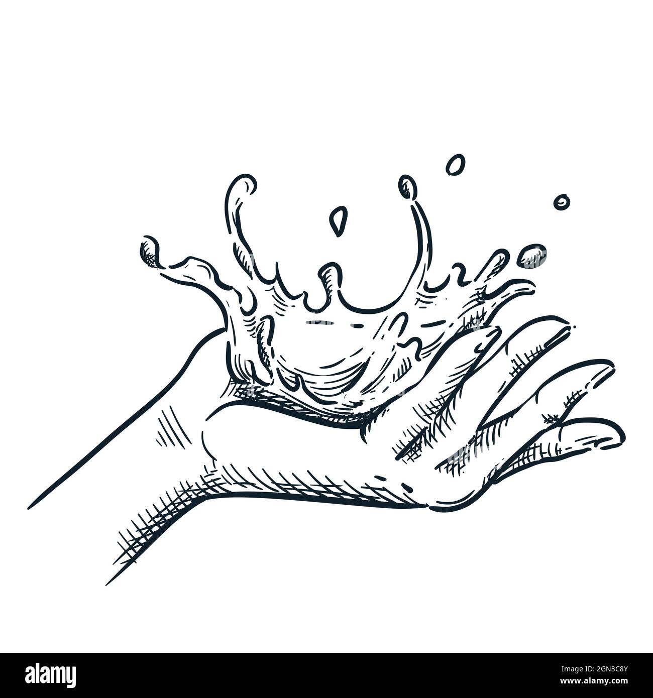 Sauberes Wasser auf die menschliche Hand spritzen. Vektorgrafik mit handgezeichneter Skizze. Design-Element für Hautpflege und Spa-Verfahren. Stock Vektor
