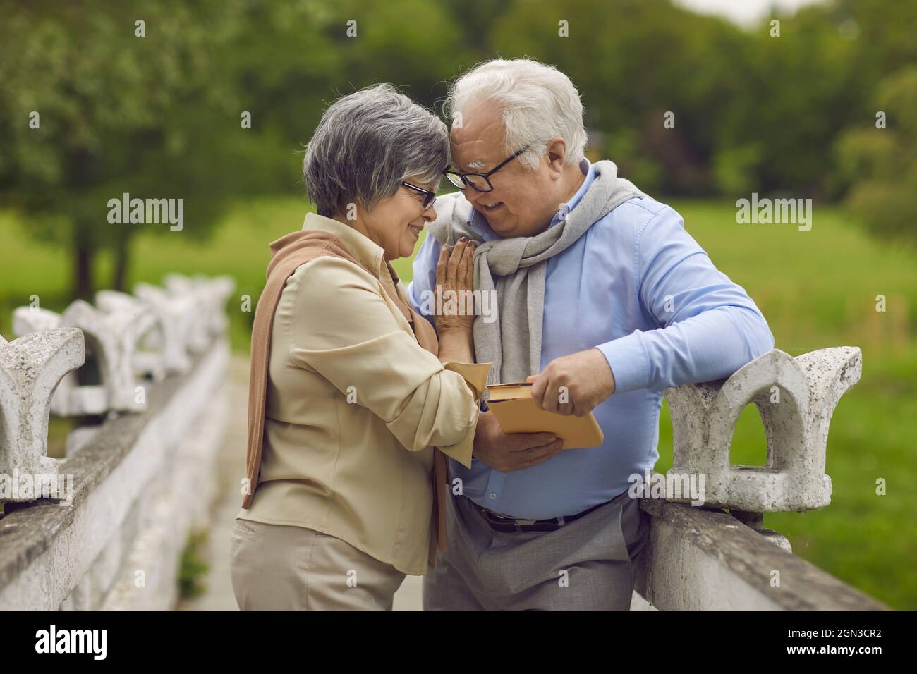 Außenportrait eines glücklichen, liebevollen Seniorenpaares in einem grünen Park an einem guten Sommertag Stockfoto