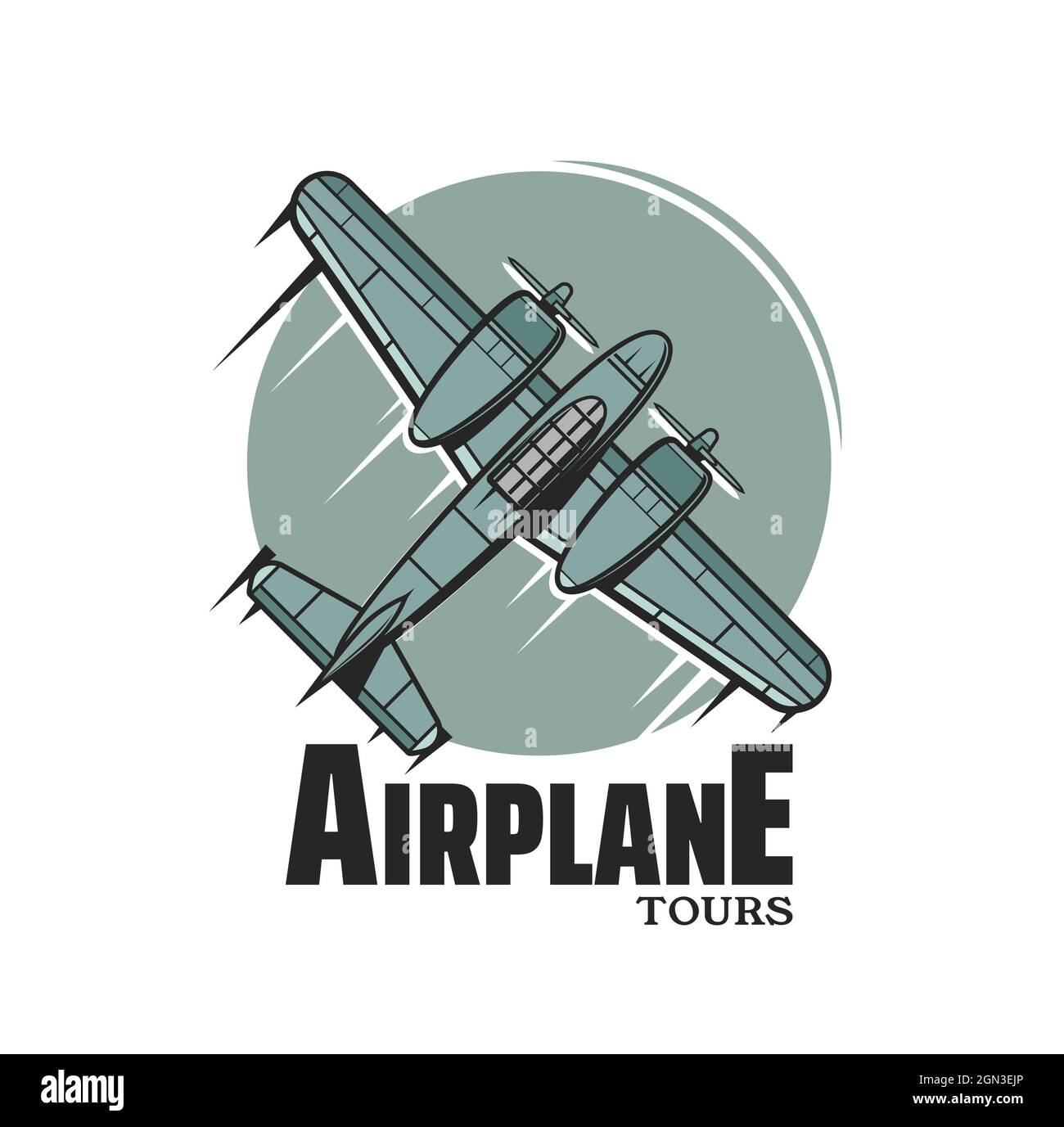 Flugzeugtouren Vektor-Symbol mit Vintage-Flugzeug oder Flugzeug, Flugreisen, Luftfahrt, Tourismus und Flug. Retro-Turboprop-Flugzeuge mit zwei Propellern, isoliert mit rundem Abzeichen oder Symbol Stock Vektor