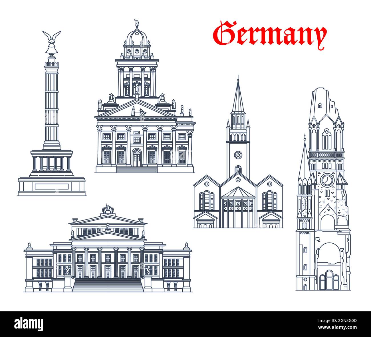 Deutschland Architektur und Wahrzeichen Gebäude von Berlin, Vektor-Ikonen. Deutsche Kirche St. Matthäus oder St. Matthäus Kirche, Siegessäule, französischer Kahtedral Französischer Dom von Friedrichstadt Stock Vektor