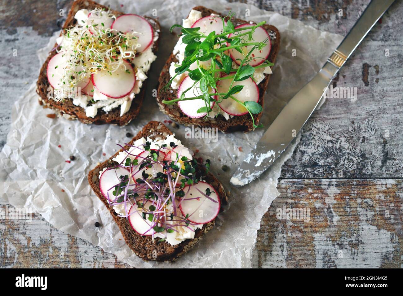 Gesunde Toasts mit Weißkäse-Rettich und Microgreens. Keto-Diät. Keto-Toasts. Bio-Lebensmittel. Super Essen. Stockfoto