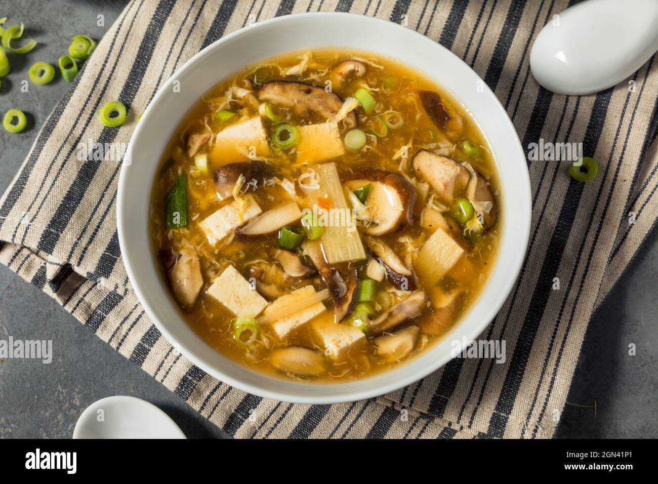 Hausgemachte chinesische heiße und saure Suppe mit Tofu und Pilzen Stockfoto