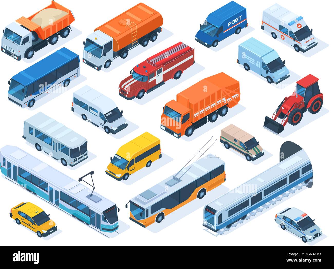 Isometrische öffentliche Dienste Transport, Taxi, Krankenwagen und Polizeiwagen. Stadtfahrzeuge, Feuerwehrauto, öffentlicher Bus, Bau-LKW-Vektor-Illustration Stock Vektor