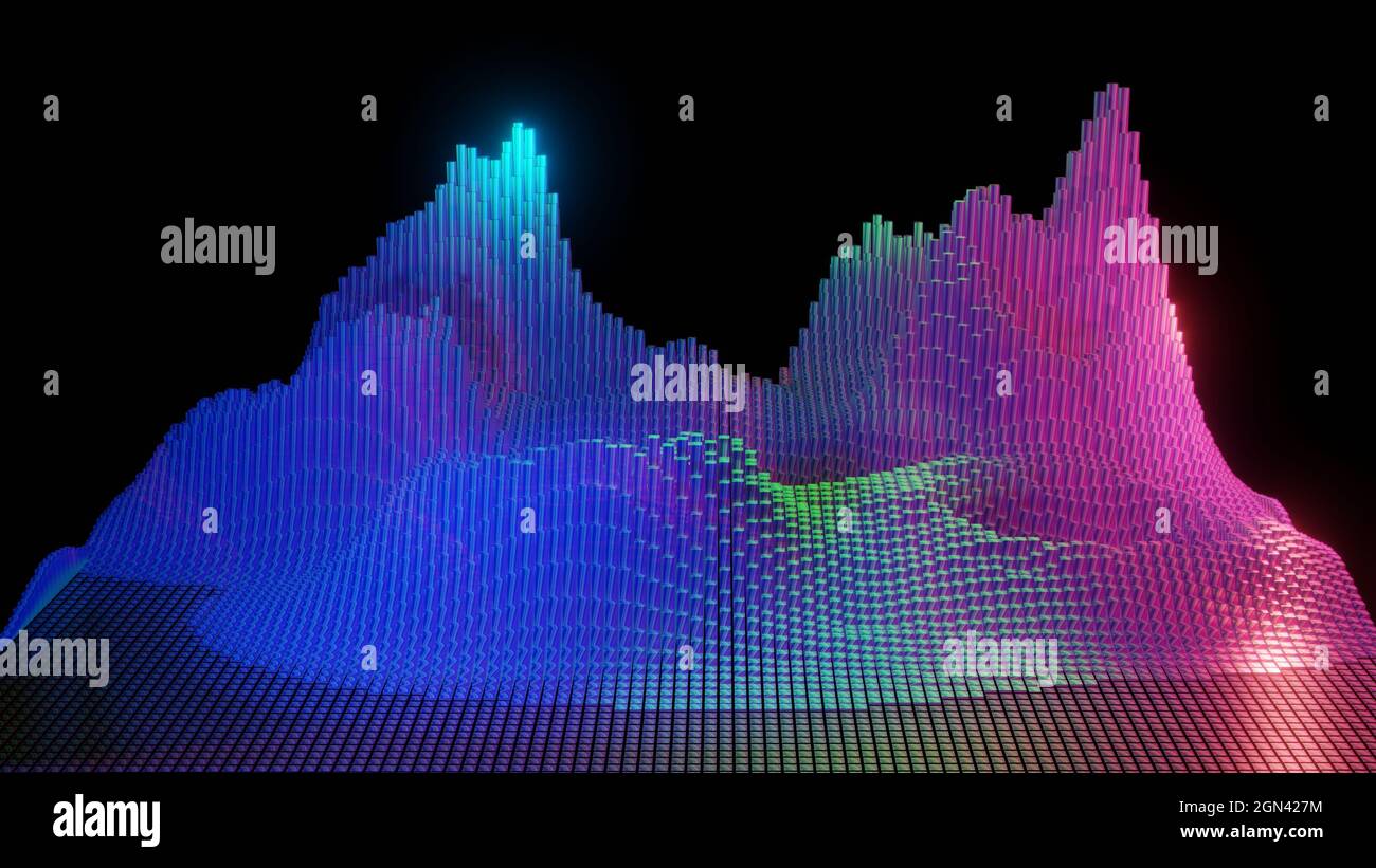 Farbenfrohe kubische Berge. Bunte Balkendiagramme steigen , fallen .3D Rendern Illustration Stockfoto