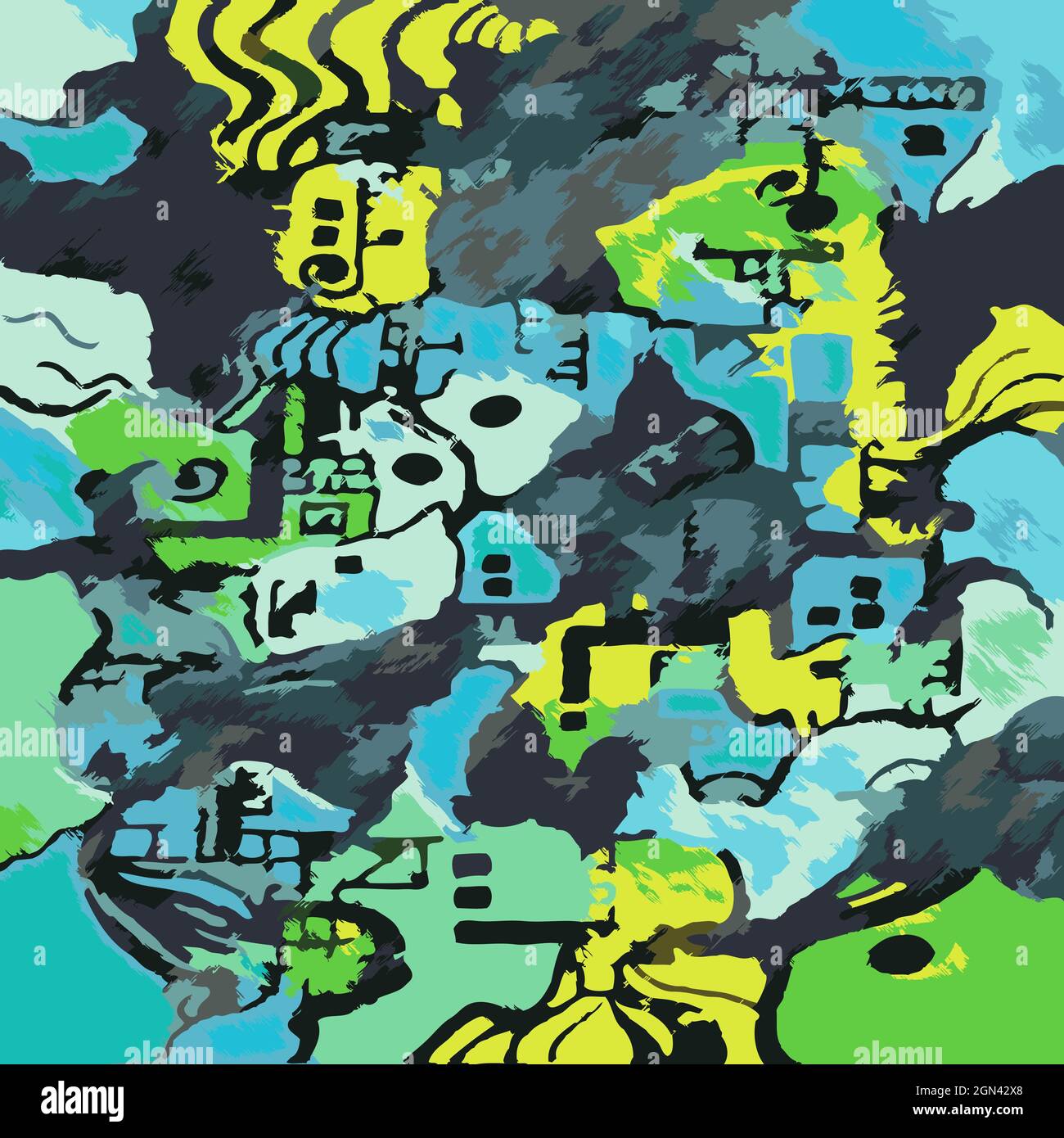 Abstrakt Digitale Illustration Landschaft Karte Stil Muster Grün und Blau Farben Moderne Kunst Stock Vektor