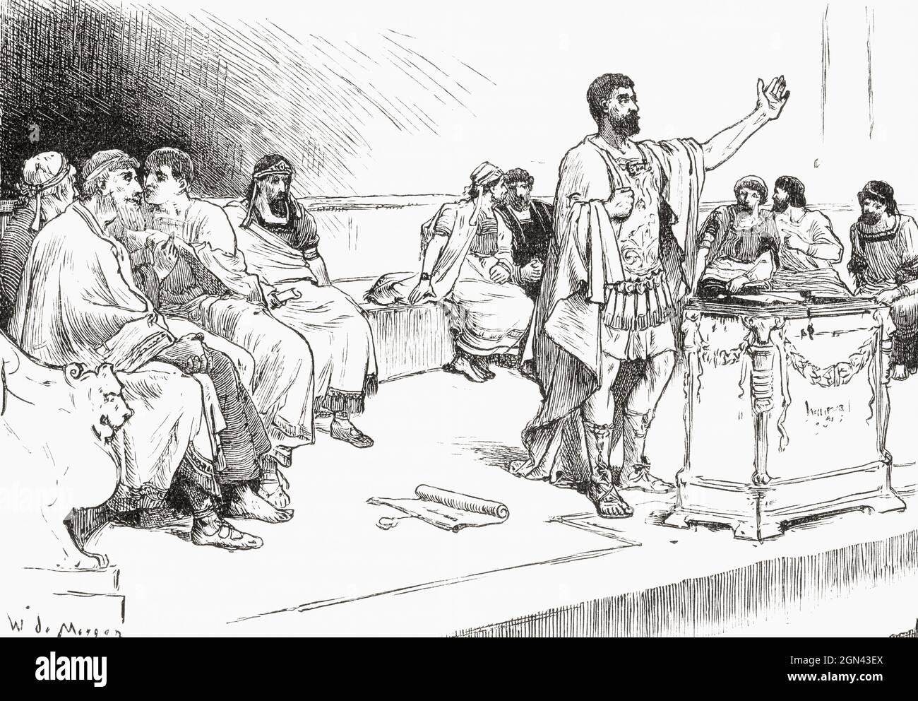 Hannibal in der Versammlung in Karthago. Hannibal, 247 – ca. 183/181 v. Chr. Karthagischer General und Staatsmann. Am Ende des Zweiten Punischen Krieges 201 v. Chr. wurde er zum Suffeten (Hauptrichter) des karthiginischen Staates gewählt. Aus Cassells Illustrated Universal History, veröffentlicht 1883. Stockfoto