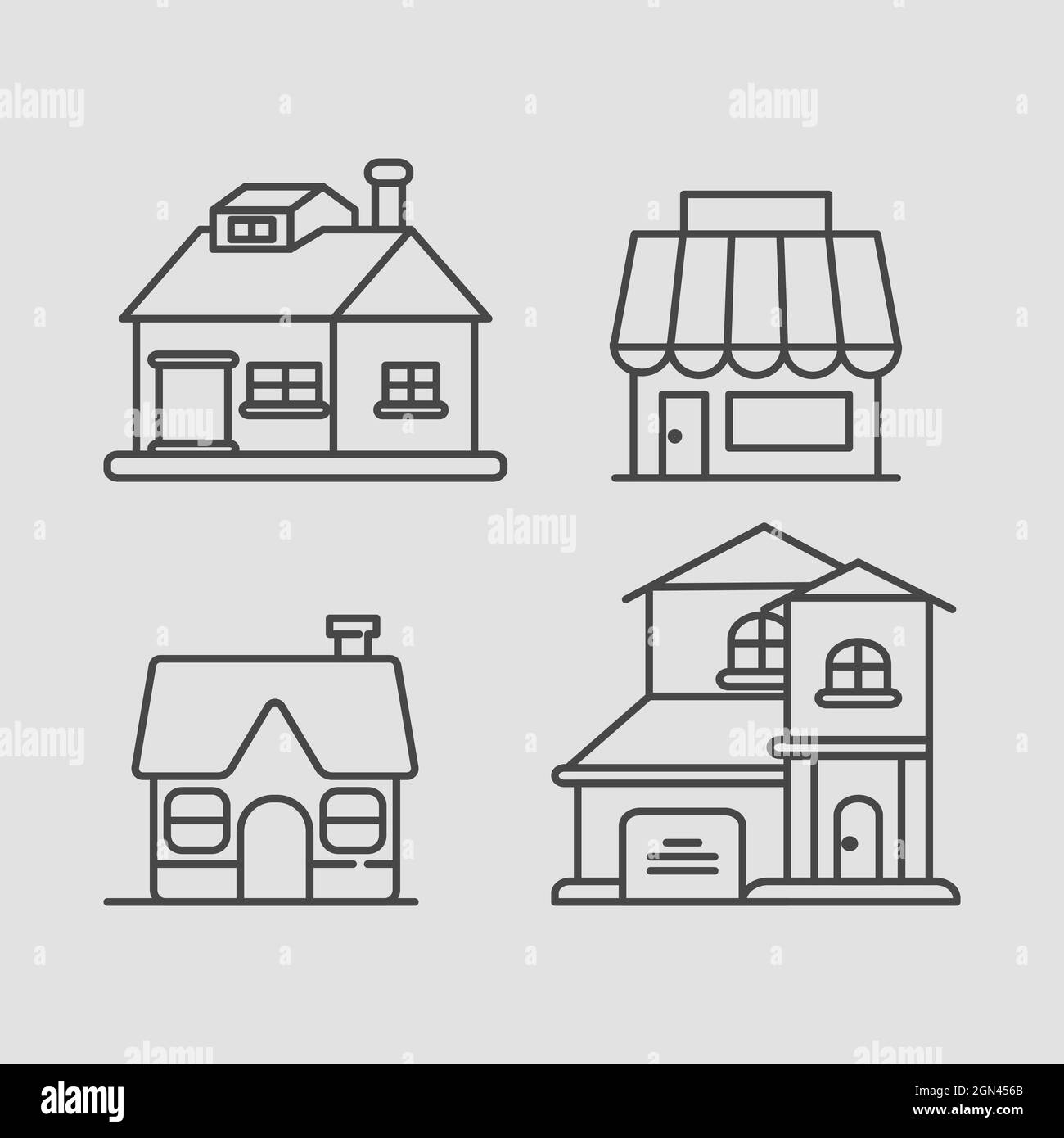 Symbole für die Zeile „Haus Immobilien“. Schlankes modernes Haus. Isoliert auf weißem Hintergrund. Stock Vektor