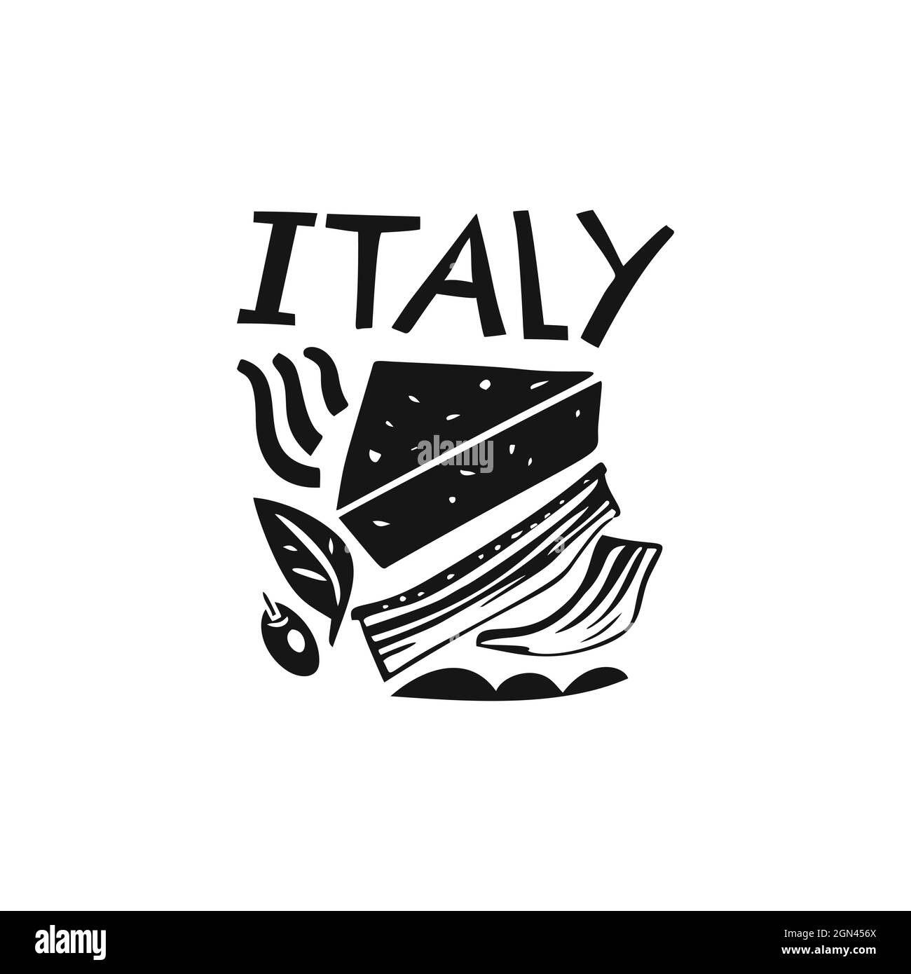 Vektor handgezeichnetes Italien-Etikett. Reisebilder der italienischen Küche. Handgezeichnete Schriftzüge. Italienisches Symbol-Logo Stock Vektor