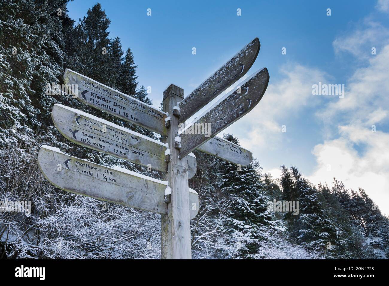 Kielder Wasser und Waldpark, Wegweiser auf See Weg im Schnee, Northumberland, UK Stockfoto