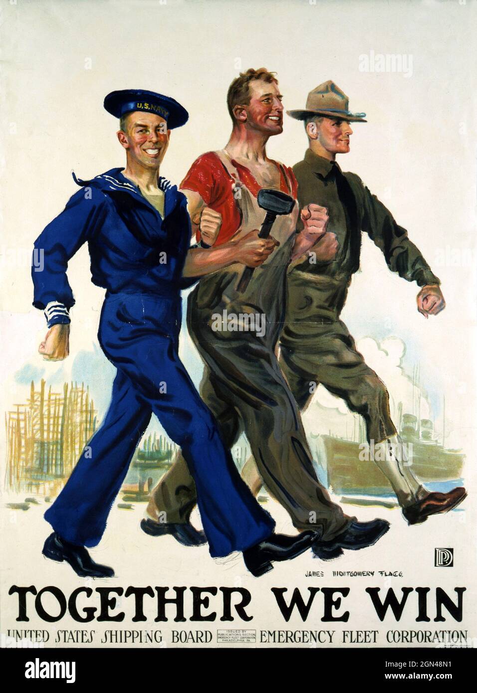 Ein altes Werbeplakat um 1917 mit dem Titel Together We Win, gemalt von James Montgomery Flagg, das einen amerikanischen Matrosen und Soldaten zeigt, der mit einem Werftarbeiter marschiert Stockfoto