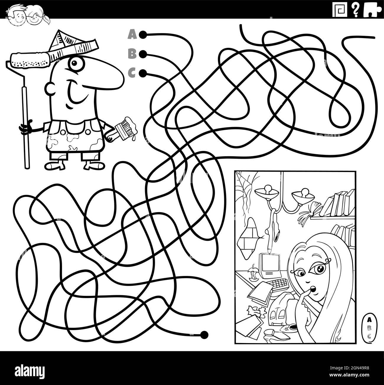 Schwarz-Weiß-Cartoon-Illustration von Linien Labyrinth Puzzle-Spiel mit Maler-Charakter und Wohnung für die Renovierung Malbuch Seite Stock Vektor