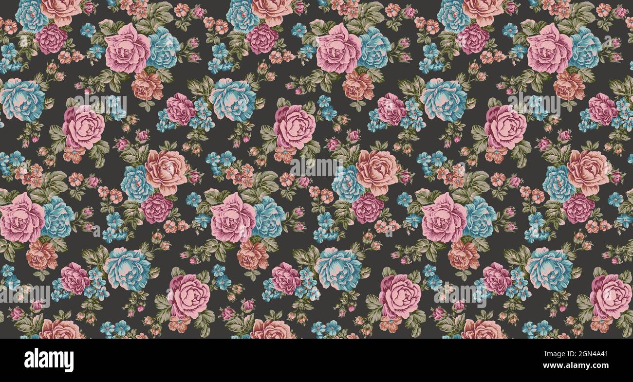 2D bunte Blumendarstellung mit rosa und blauen Blumen Stockfoto