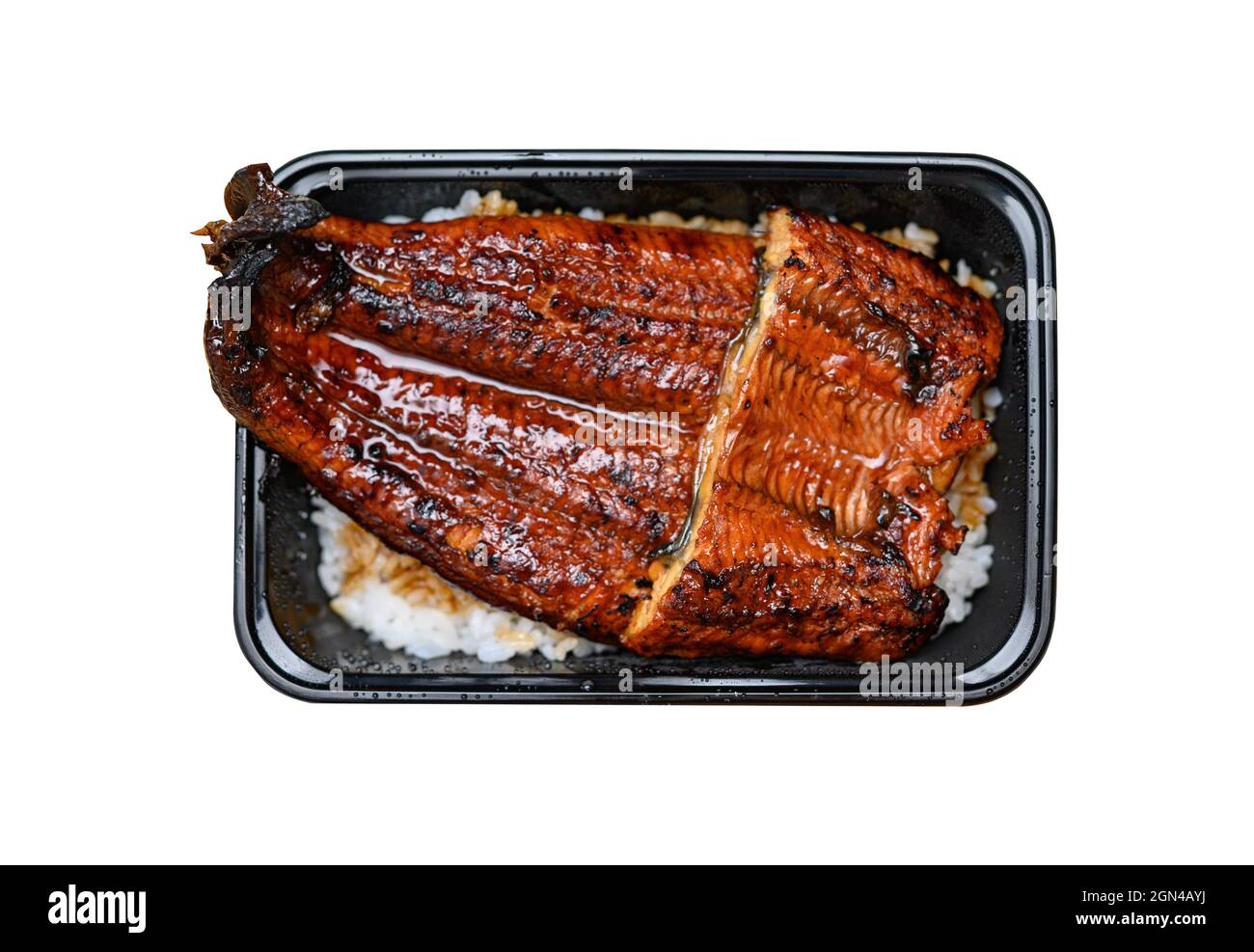 Unagi donburi, Unadon, japanischer Aal, gegrillt mit Reis in einer Schüssel, isoliert auf weißem Hintergrund Stockfoto