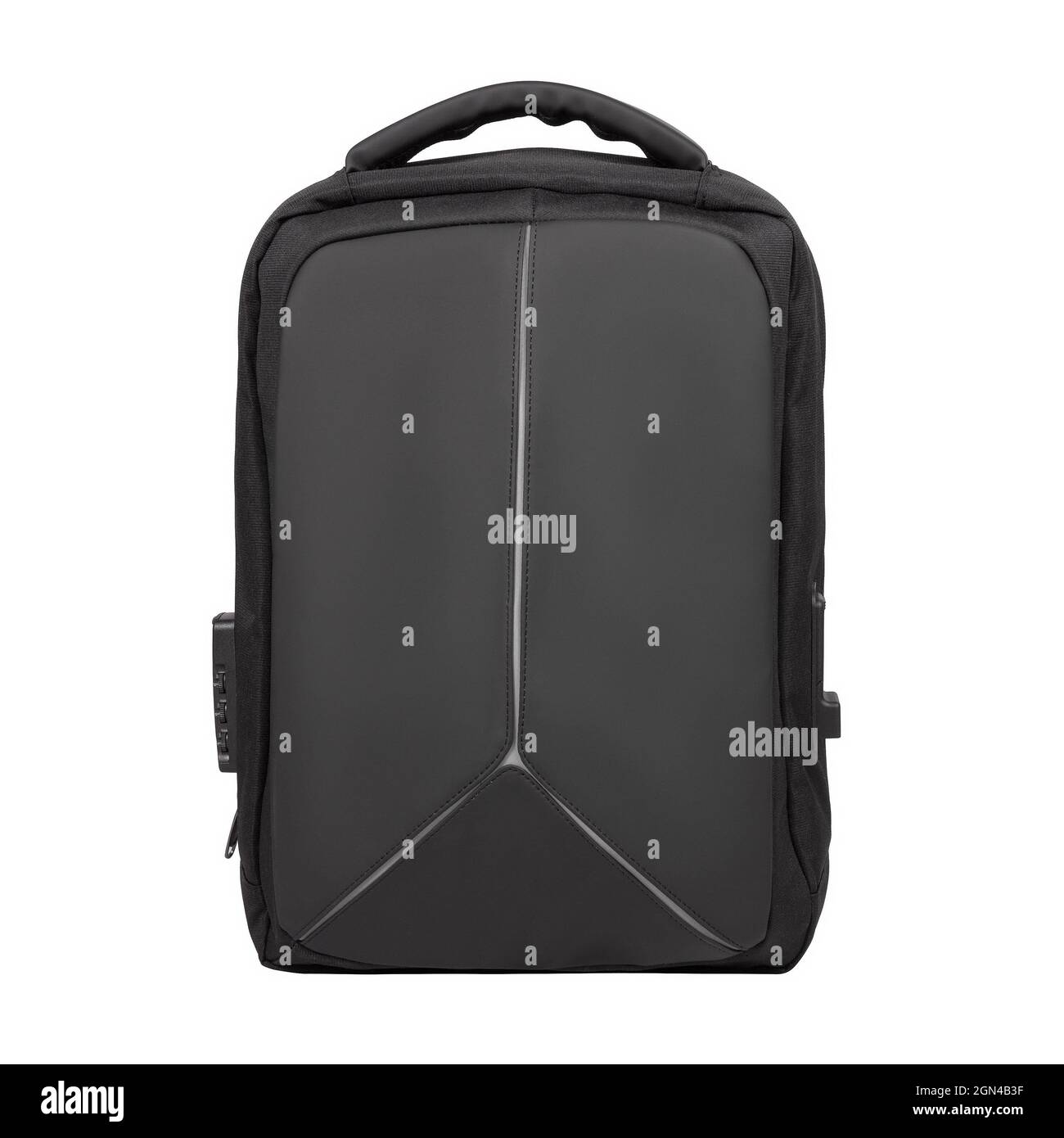 Schwarzer Rucksack für Laptop isoliert auf weißem Hintergrund. Vorderansicht des schwarzen modernen Rucksacks. Stockfoto