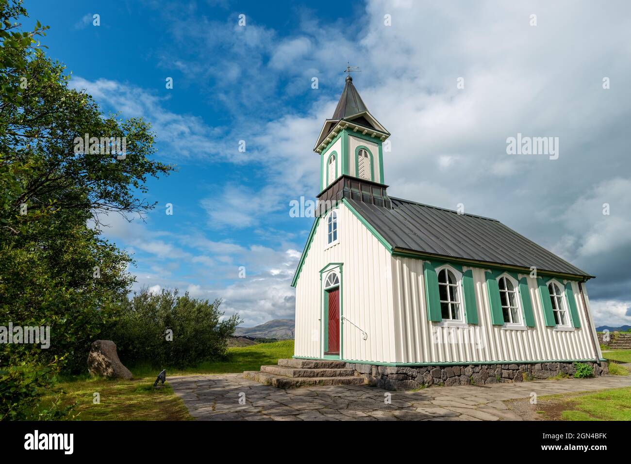 Malerische Kirche im Thingvellir Nationalpark, Island Stockfoto