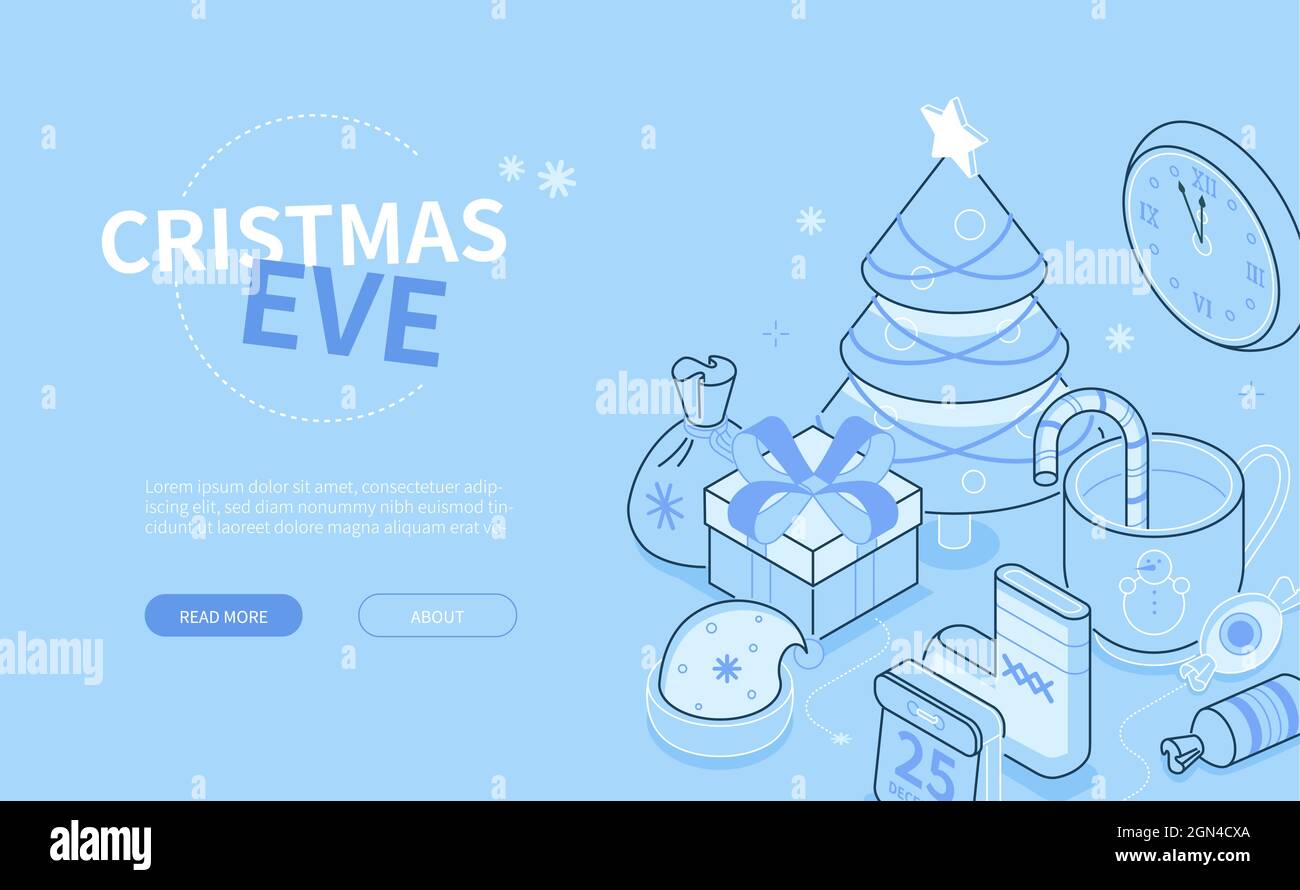 Heiligabend - Linie Design Stil isometrische Web-Banner. Verschiedene Feiertagsfeiern Symbole auf blauem Hintergrund mit Textfeld. Präsent, dekoriert Stock Vektor