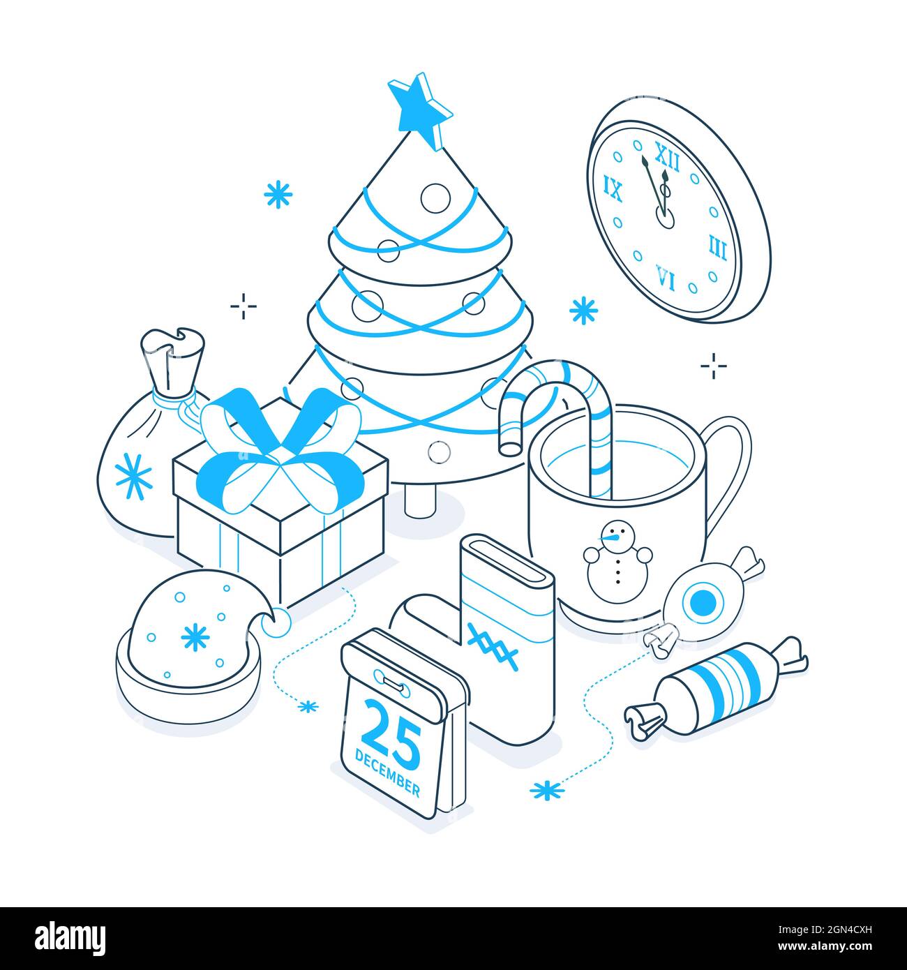 Frohe Weihnachten - isometrische Liniendarstellung in Schwarz und Blau. Verschiedene Feiertagsfeiern Symbole. Magisches Bild mit festlicher Stimmung. Vorhanden, chr. Stock Vektor