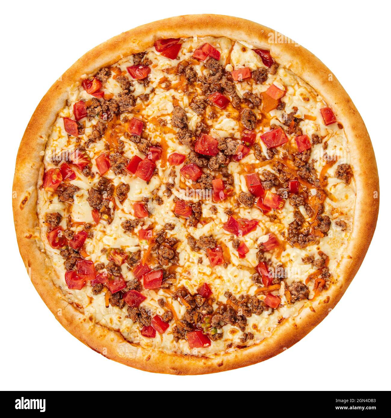 Isolierte Pizza mit Hackfleisch und Tomaten Stockfoto