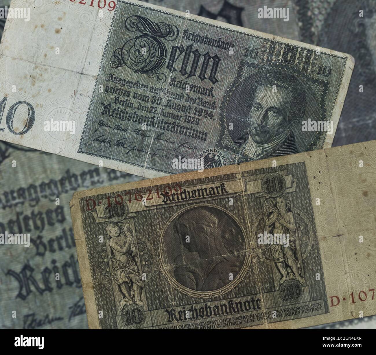 Banknoten für die Weimarer Republik zehn Reichsmark Stockfoto