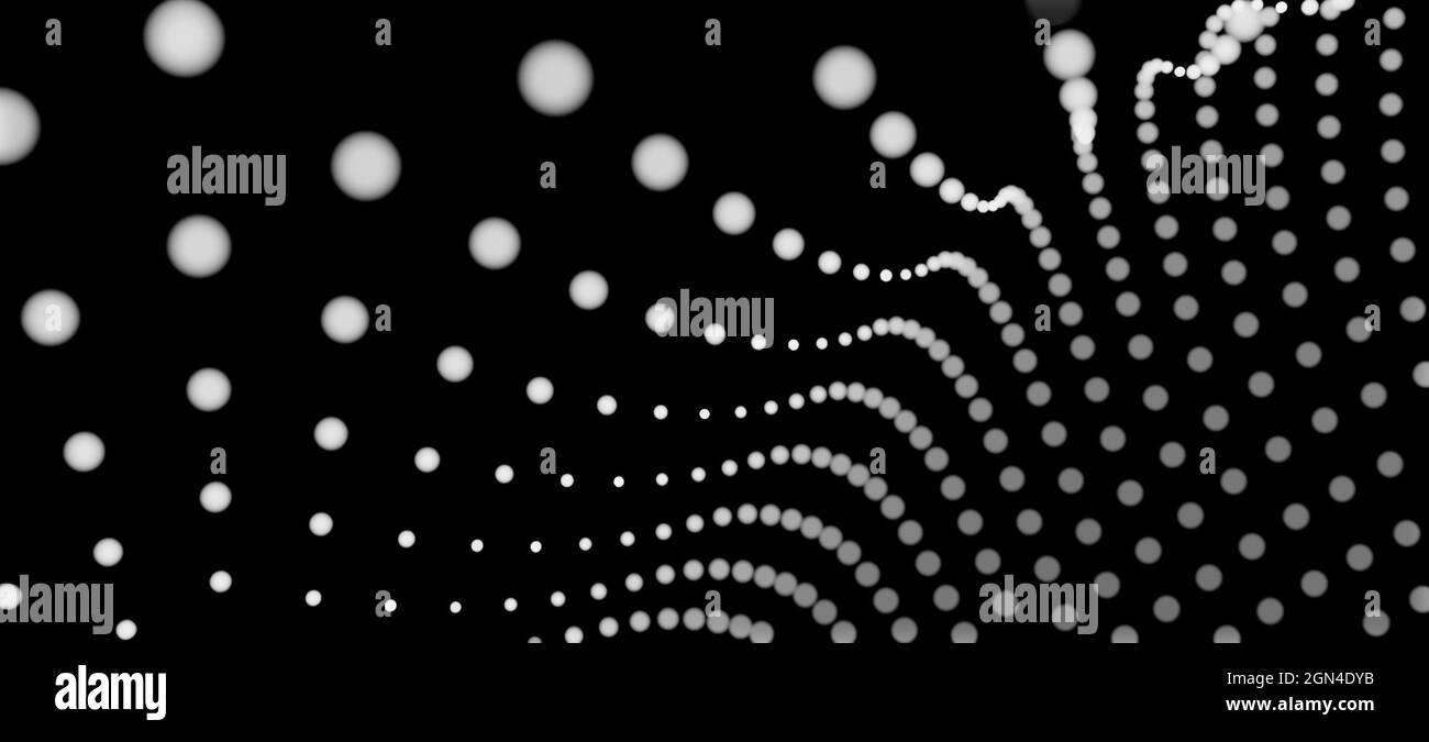 Abstrakter Hintergrund mit Linien aus weißen Punkten oder Partikeln als Wellen auf schwarzem Hintergrund Stockfoto