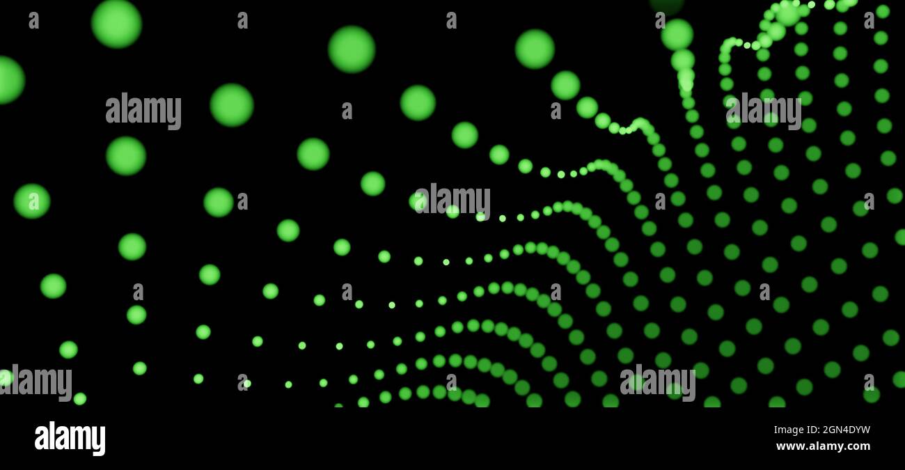 Abstrakter Hintergrund mit Linien aus grünen Punkten oder Partikeln als Wellen auf schwarzem Hintergrund Stockfoto