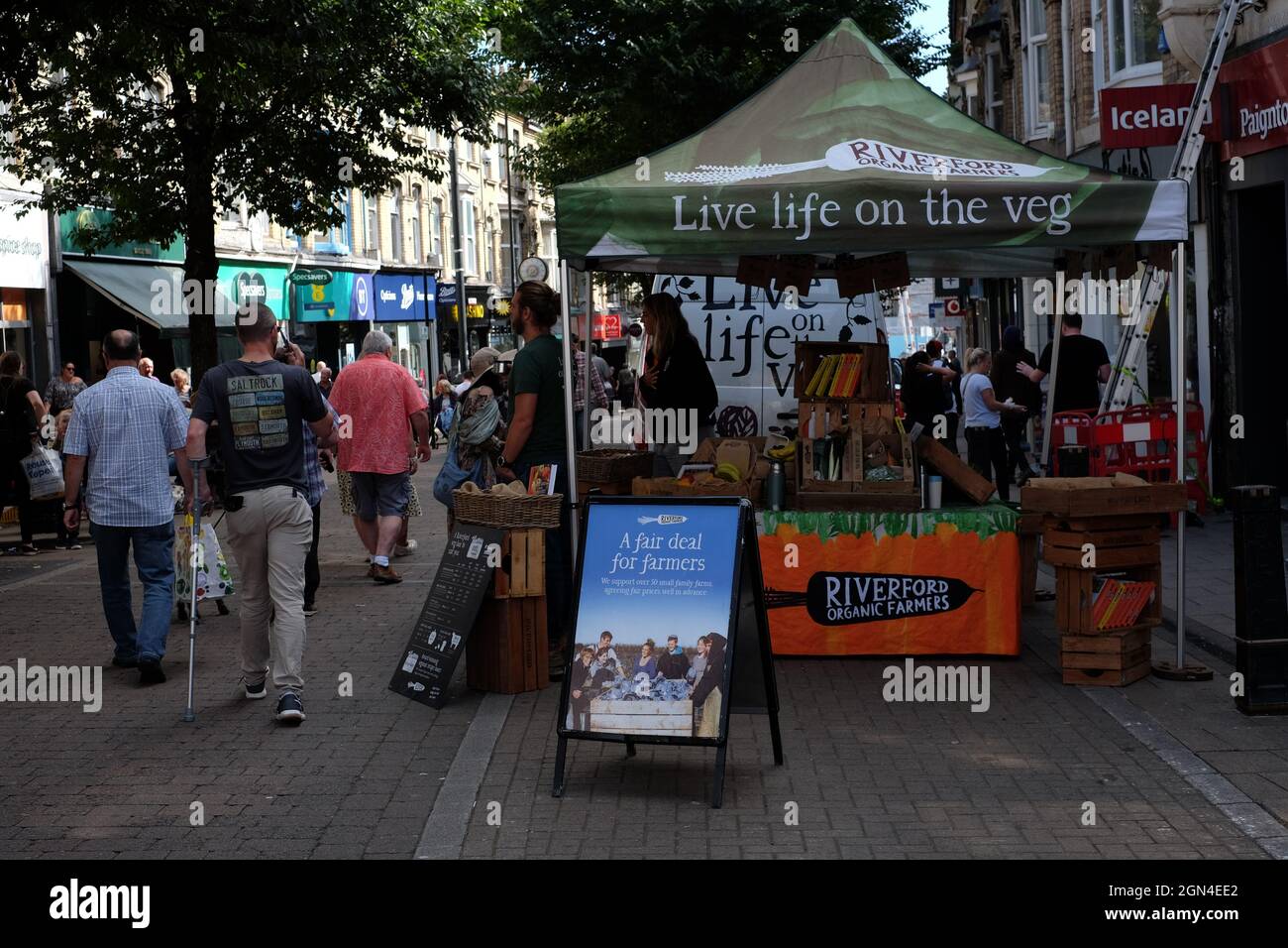 Riverford Farm, Bio-Lebensmittelhersteller, Werbestand in Paignton, Devon Stockfoto