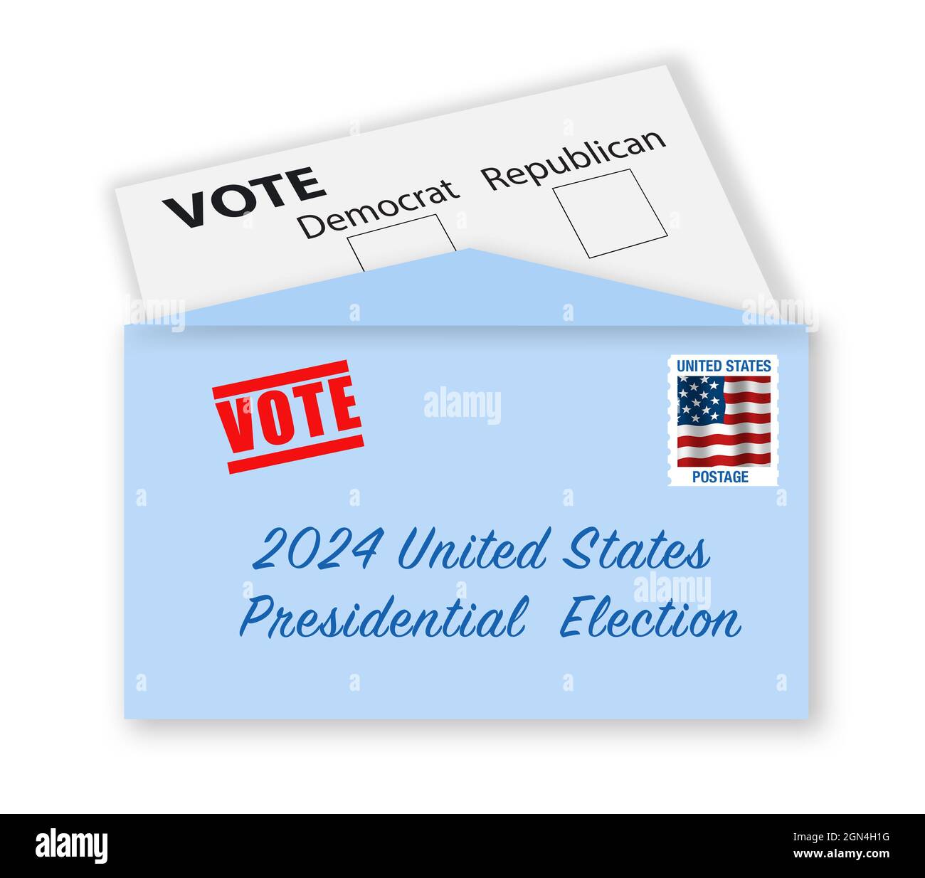 Abstimmung nach Briefkonzept. Präsidentschaftswahl in den USA 2024. Briefumschlag mit Stempel, Adresse und Stimmkarte mit Checkboxen der Demokraten und der Repubs Stockfoto Abstimmung nach Briefkonzept. Präsidentschaftswahl in den USA 2024. Briefumschlag mit Stempel, Adresse und Stimmkarte mit Checkboxen der Demokraten und der Repubs Stockfoto