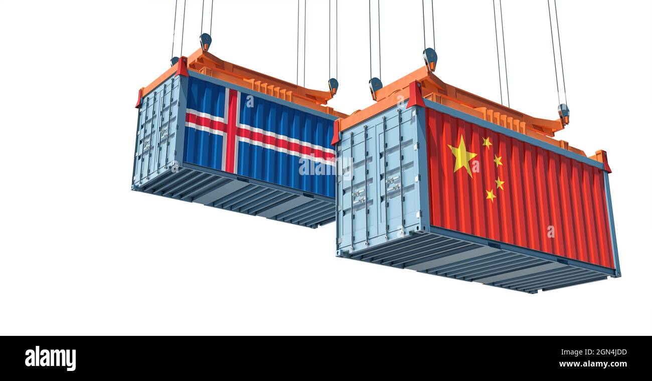 Frachtcontainer mit Nationalflagge Chinas und Islands. 3D-Rendering Stockfoto