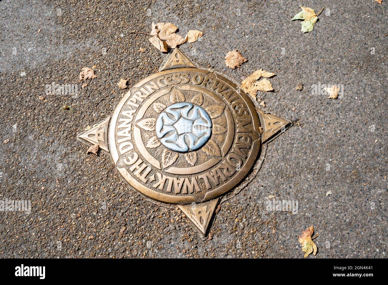 Die Markierung für den Diana Princess of Wales Memorial Walk mit Herbstblättern auf dem Boden. Wanderung zu Ehren von Lady Diana Stockfoto