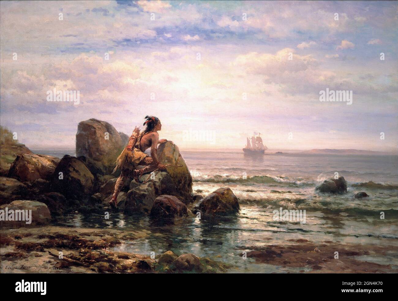 Henrik Hudson beim Eintritt in den Hafen von New York, 11. September 1609 von Edward Moran (1829-1901), einem in England geborenen amerikanischen Künstler, Öl auf Leinwand, 1892 Stockfoto