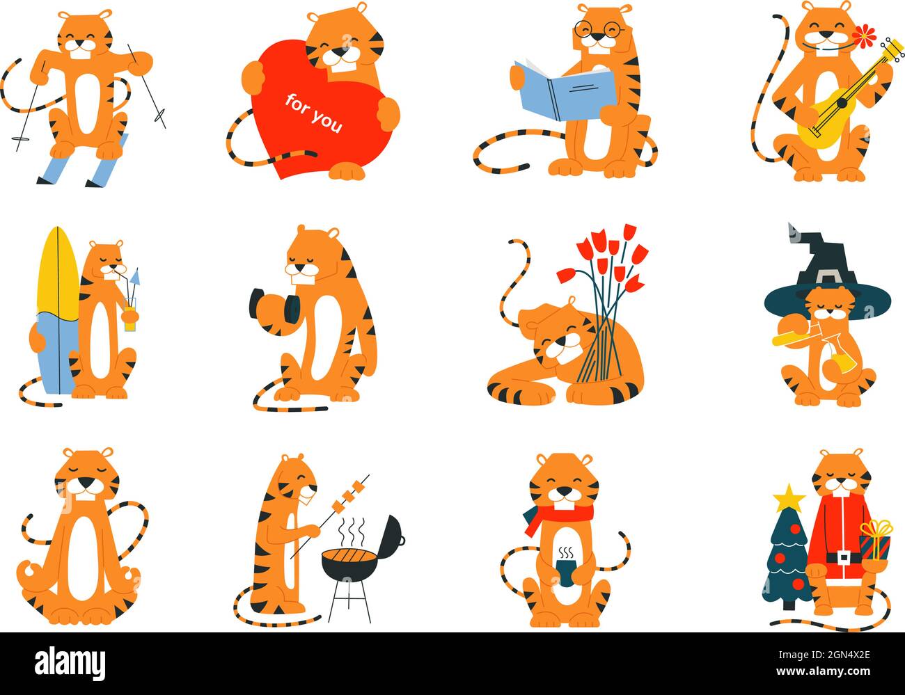 Cartoon Tiger Illustrationen. Frohes Neues Jahr 2022. Chinesisches Horoskop. Frohe Weihnachten. Vektorsatz isolierter Tiger. Clip Art von niedlichen Lächeln Stock Vektor