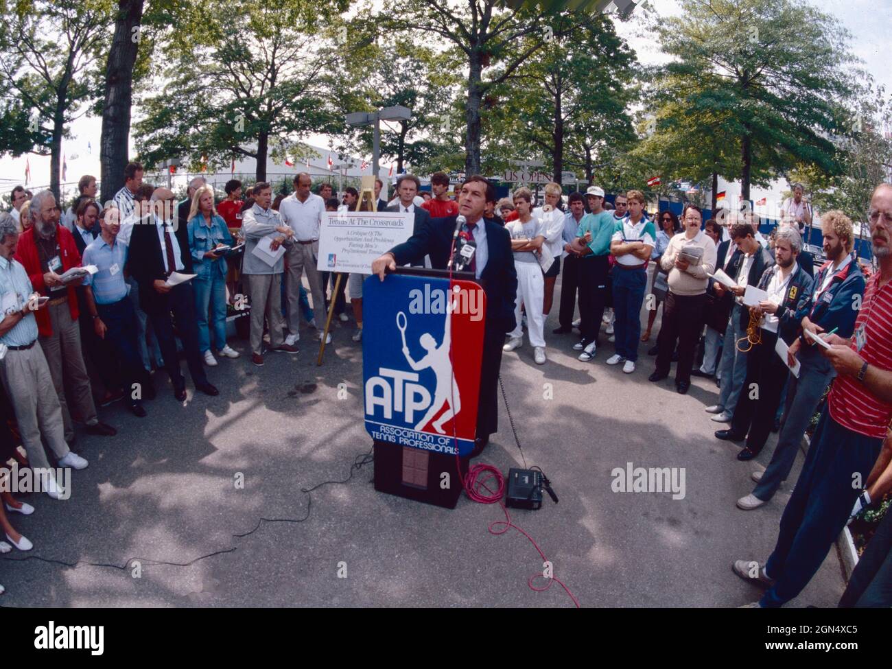 ATP Tennis Tournement Corner bei den US Open, Flushing Meadows 1989 Stockfoto