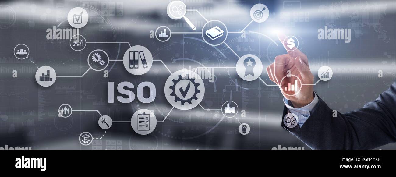 ISO-Zertifizierungskonzept Standard Qualitätskontrolle. Internationaler Informationssicherheitsstandard. Stockfoto