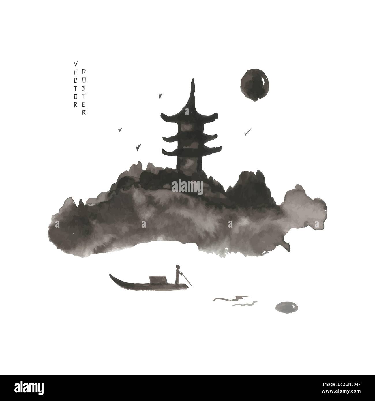 Japanisches Haus auf einem Berg im Licht des Mondes oder der Sonne. Der Bootsmann schwimmt. Vektor-Illustration Zeichnung in japanischem und chinesischem Stil. Stock Vektor