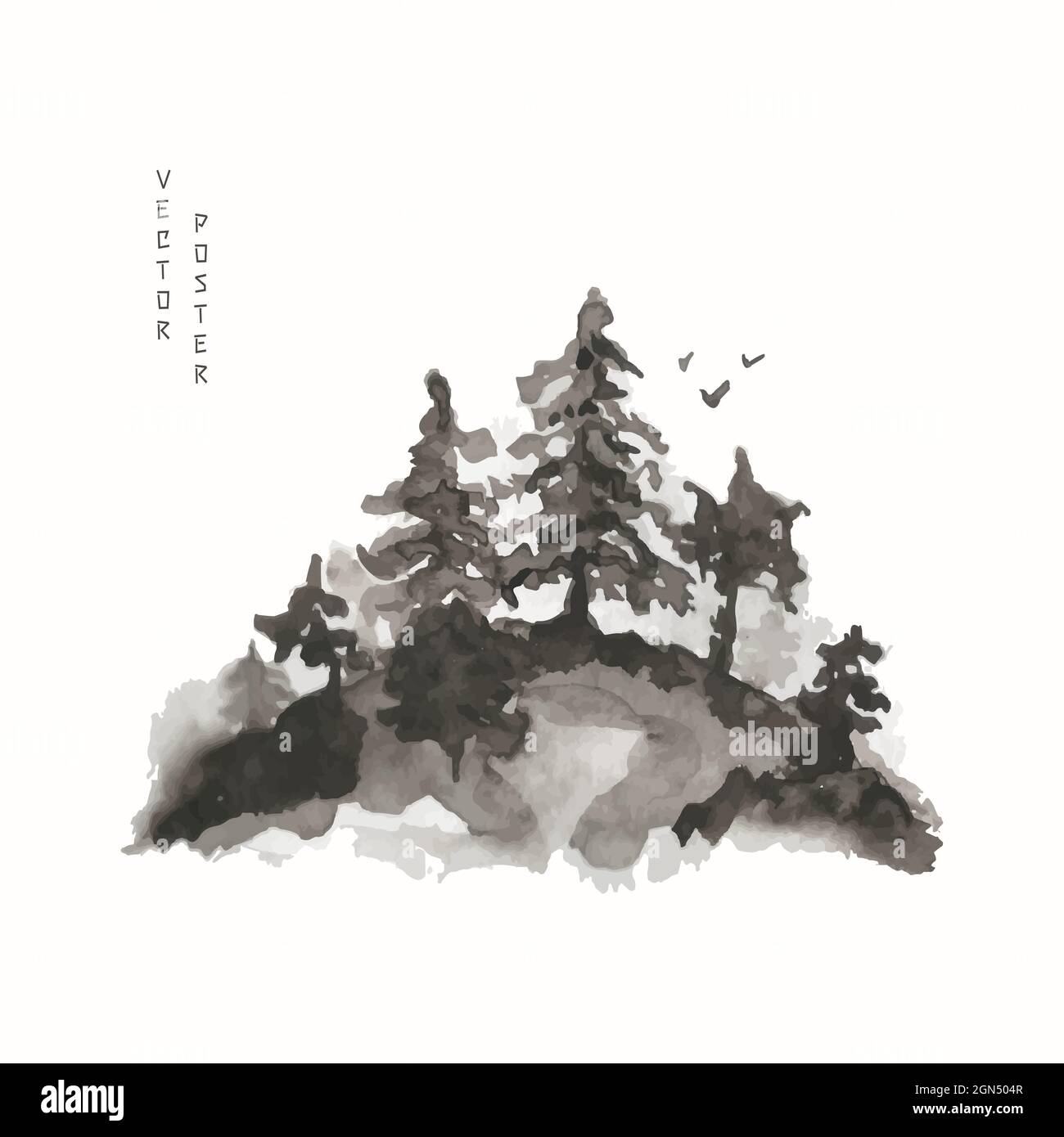 Japanischer Wald auf dem Berg. Vektordarstellung von Aquarellbäumen im Nebel und Vögeln. Zeichnung im japanischen und chinesischen Stil. Stock Vektor